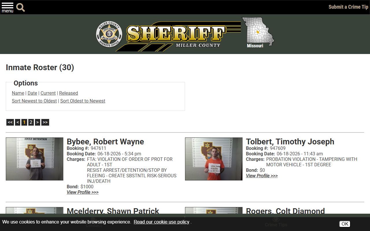 Miller County jail roster showing inmate records, booking numbers, charges, and bonds