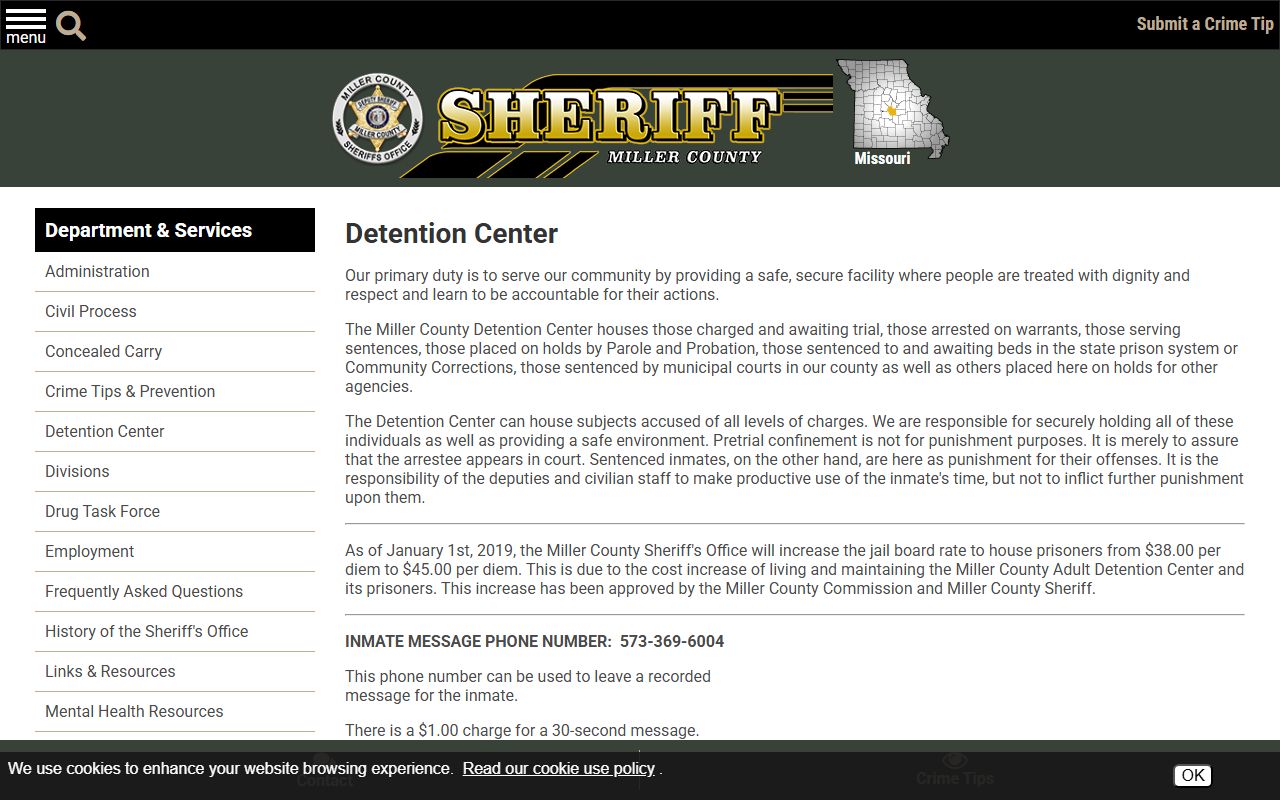 Miller County detention center rules for inmate records, visitation, mail, and commissary