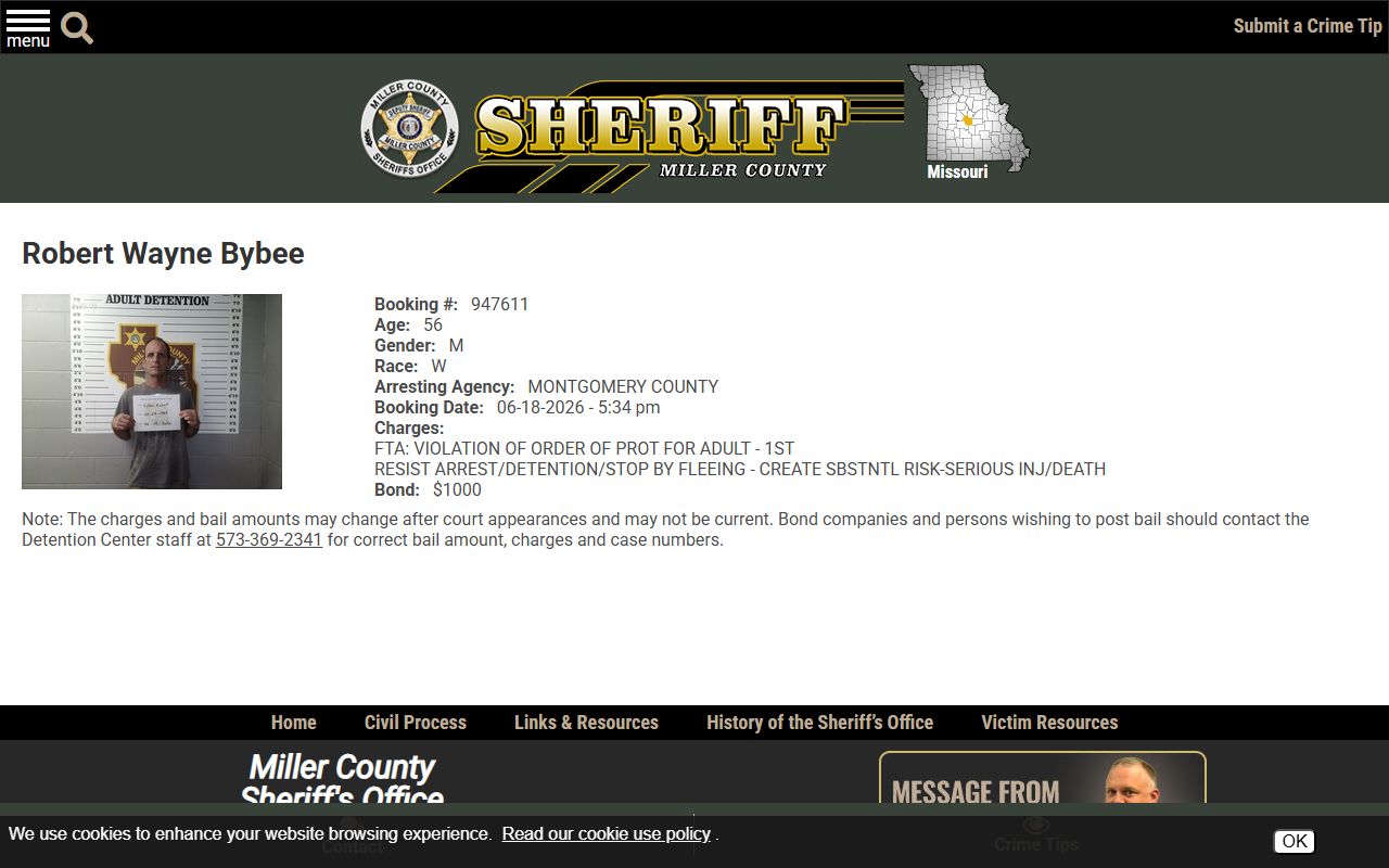 Miller County inmate record profile fields and booking photo